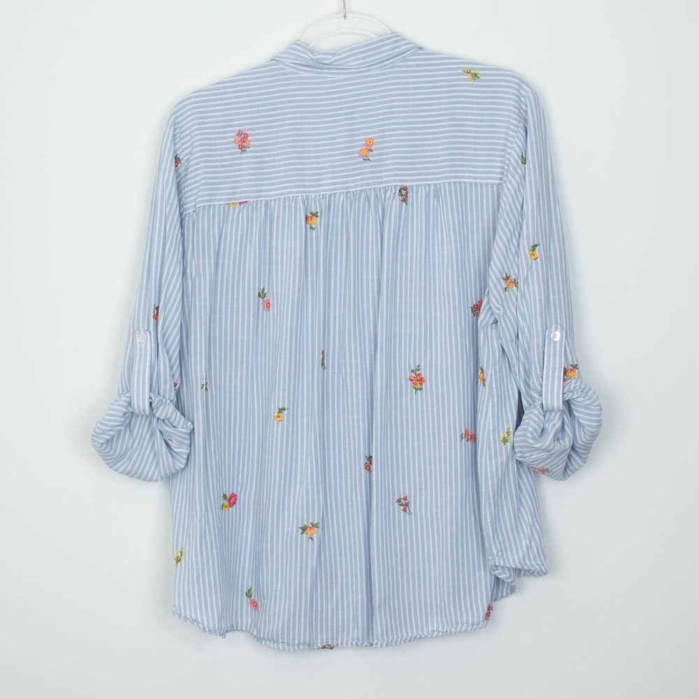 Jane +‎ Delancey Womens Striped Floral Embroidered Shirt Size 1X Blue Roll Tab - Picture 7 of 8